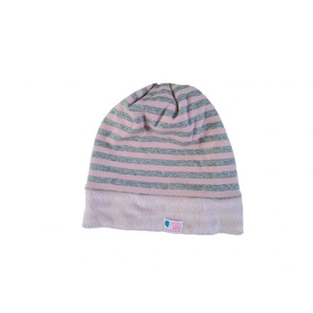 Winter-Beanie, fleece, breitgestreift, rosa-grau